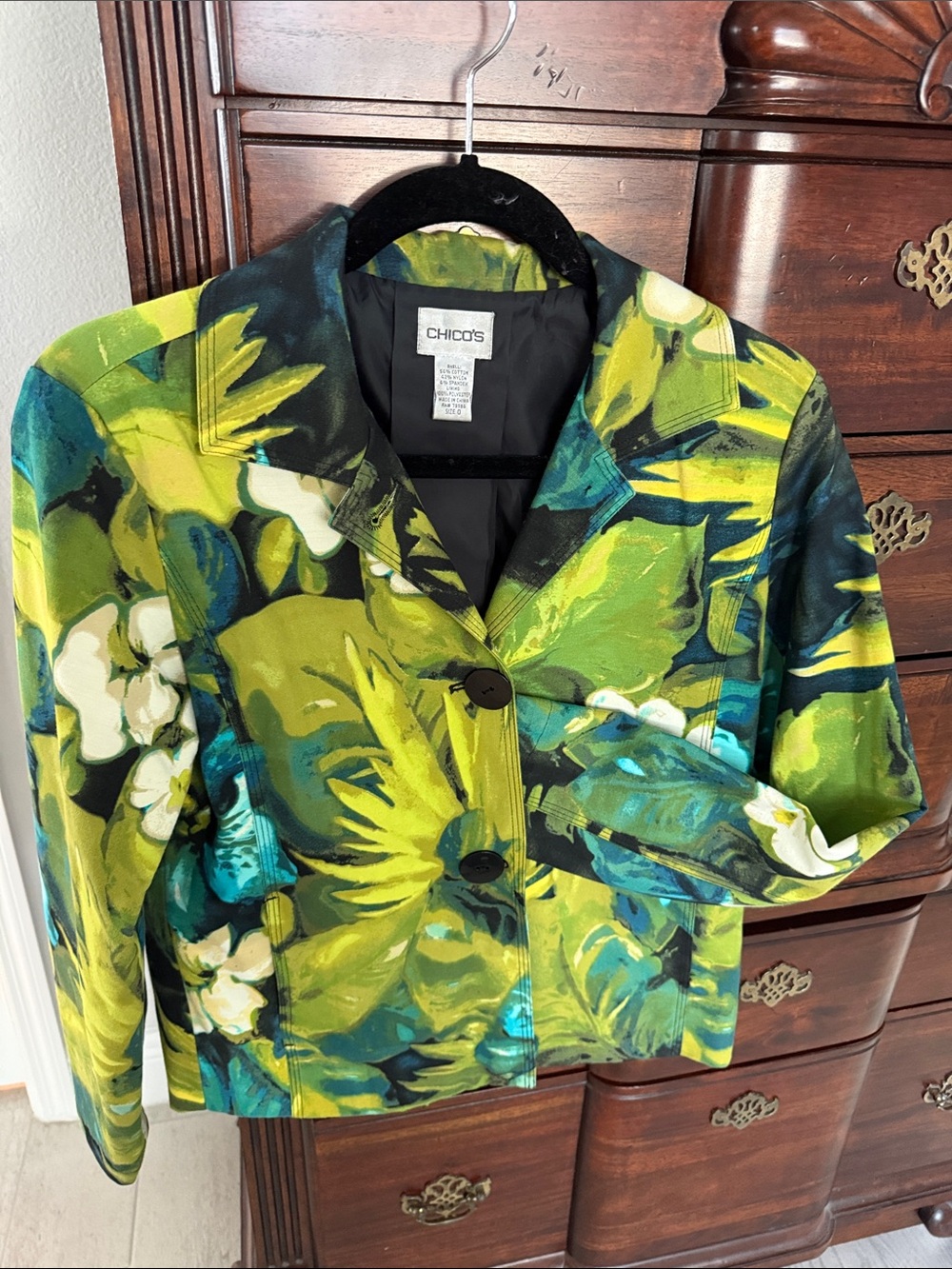 Chico's Lime Green Teal Floral Button-Front Jacket